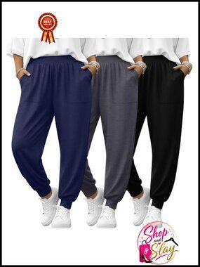 Plus Size Lounge Jogger Pants High Waist Pocket Pull On 3 Pack